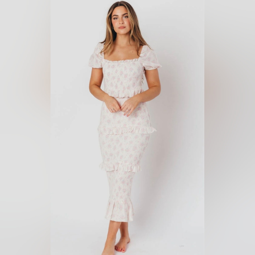 MARBLE Floral Smocked Dress in Pink and Cream